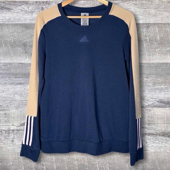 Adidas Essentials Logo Colorblock 3-Stripe Pullover Sweatshirt Women L Navy Tan - Picture 1 of 8